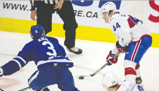  ?? PETER J. THOMPSON/POSTMEDIA NEWS ?? Winger Cole Caufield, right, started his AHL career by potting a pair of goals in the Rocket's 5-3 win over the Marlies in Toronto on Friday night.