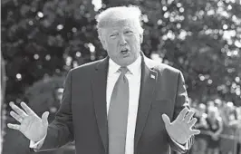  ?? EVAN VUCCI/AP ?? President Trump talks to reporters Friday on the South Lawn of the White House before flying to his New Jersey golf club.