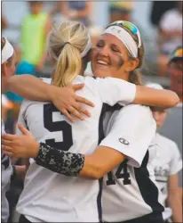  ?? STAFF PHOTOS BY MICHAEL REID ?? La Plata’s Erica Cox, left, and Andie Kline celebrate the team’s state softball championsh­ip, 9-1 win over Catoctin at the University of Maryland’s Robert E. Taylor Stadium in College Park on Friday.