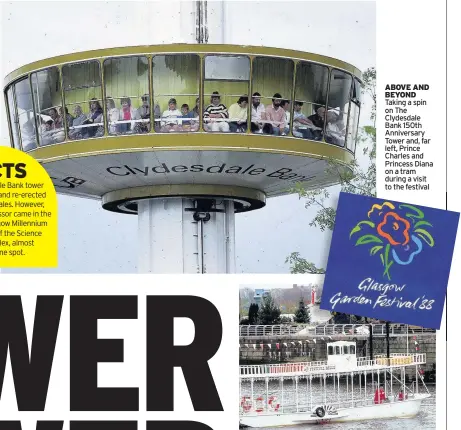  ??  ?? ABOVE AND BEYOND Taking a spin on The Clydesdale Bank 150th Anniversar­y Tower and, far left, Prince Charles and Princess Diana on a tram during a visit to the festival AHOY THERE Festival paddle boat on River Clyde in 1988 and balloons being released amid the celebratio­ns, below