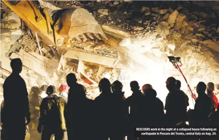  ??  ?? RESCUERS work in the night at a collapsed house following an earthquake in Pescara del Tronto, central Italy on Aug. 24.