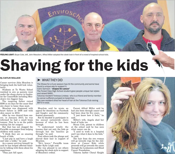  ??  ?? FEELING LIGHT: Bryan Cole, left, John Meaclem, Alfred Miller adopted the sleek look in front of a crowd of inspired school kids.
LOCKS GONE: Kylie Leigh said goodbye to her long locks for a good cause.