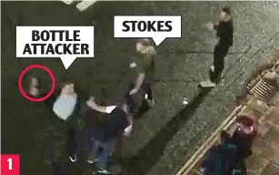  ??  ?? Video footage: One of the men involved in the altercatio­n begins to swing a bottle, circled, in the middle of the road at 2.35am on Monday BOTTLE ATTACKER STOKES