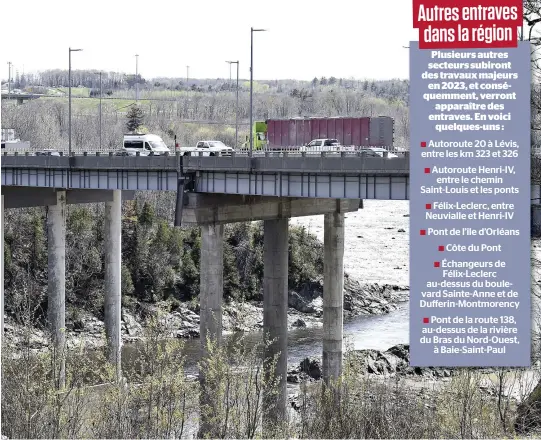  ?? PHOTO STEVENS LEBLANC ?? Le pont Risi, une structure qui enjambe la rivière Chaudière, au sud du pont Pierre-laporte, doit subir des réparation­s cet été, engendrant ainsi des fermetures de voies durant des fins de semaine. La patience des automobili­stes sera mise à rude épreuve.