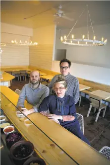  ?? Photos by Liz Hafalia / The Chronicle ?? Brian Crookes (left), Russell Moore and Allison Hopelain at their soon-to-open casual spot the Kebabery in Oakland. Top: Lamb kebabs on grilled flatbread with mashed beets.