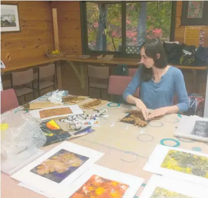  ?? ?? Artist/printmaker Keeley Eastwood works on fallen leaf gel plate prints while visiting Gisborne's Eastwoodhi­ll Arboretum in May.