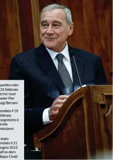  ??  ?? Il partito nato il 25 febbraio ha tra i suoi leader Pier Luigi Bersani
Fondato il 19 febbraio, il segretario è Nicola Fratoianni
È stato fondato il 21 giugno 2015 dall’ex dem Filippo Civati
A Palazzo Madama Pietro Grasso, 72 anni, presidente del...