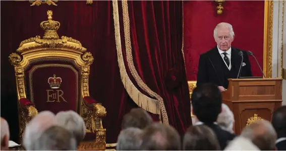  ?? Photo: Jonathan Brady/Pool Photo via AP, File. ?? King Charles III speaks during the Accession Council at St James's Palace, London, September 10, 2022, where he is formally proclaimed monarch.