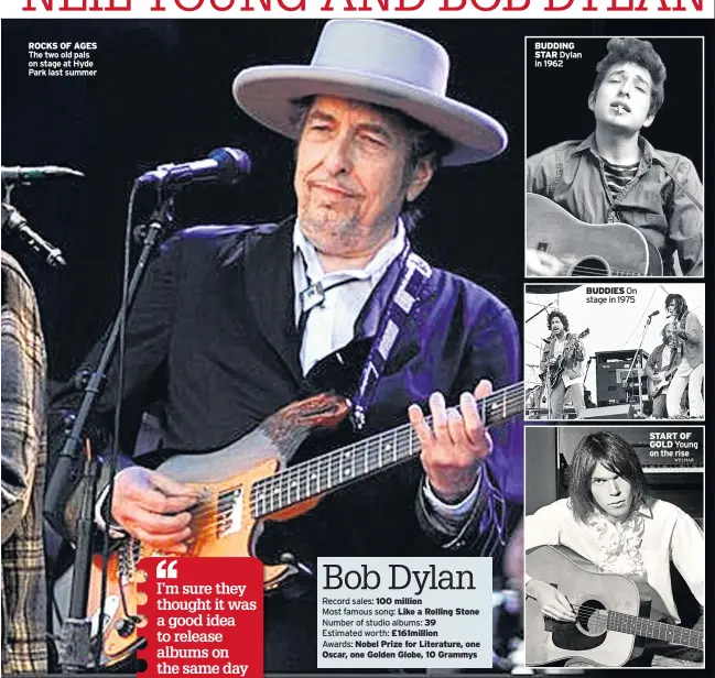  ??  ?? ROCKS OF AGES The two old pals on stage at Hyde Park last summer 100 million
Like a Rolling Stone
39 £161million
Nobel Prize for Literature, one Oscar, one Golden Globe, 10 Grammys
BUDDING STAR Dylan in 1962
BUDDIES On stage in 1975
START OF GOLD Young on the rise