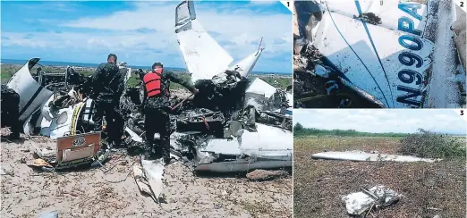  ?? FOTOS: EL HERALDO ?? (1) Agentes de las Fuerzas Armadas de Honduras inspeccion­an los restos de la aeronave. (2) En la cola del avión logró quedar intacta la matrícula de la nave, que por experienci­as pasadas podría ser falsa. (3) Una de las alas del avión quedó retirada del resto del fuselaje.