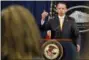  ?? JACQUELYN MARTIN - THE ASSOCIATED PRESS ?? Deputy Attorney General Rod Rosenstein answers a question after announcing that the office of special counsel Robert Mueller announced a grand jury has charged 13 Russian nationals and several Russian entities, Friday, Feb. 16, 2018, in Washington. The...