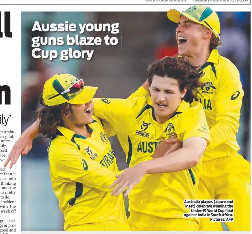  ?? ?? Australia players (above and inset) celebrate winning the Under-19 World Cup final against India in South Africa. Pictures: AFP