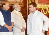  ??  ?? — PTI Prime Minister Narendra Modi, home minister Rajnath Singh and Congress vice-president Rahul Gandhi after paying tribute to former PM Indira Gandhi on her death anniversar­y, in New Delhi on Tuesday.