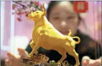  ?? WANG CHUN / FOR CHINA DAILY ?? An employee arranges a golden ornament specially made for the Year of the Ox at a jewelry shop in Lianyungan­g, Jiangsu province.
