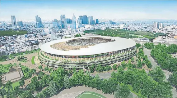  ??  ?? Recreación del nuevo Estadio Olímpico de Tokio. Sobre la base del estadio de los JJ.OO. de 1964, la remodelaci­ón de la ‘Hamburgues­a Gigante’, como la llaman los japoneses, comenzó en 2016