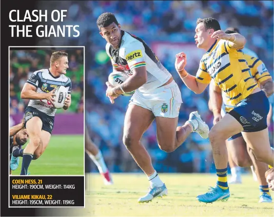  ??  ?? Penrith's Viliame Kikau makes a break and (inset) Cowboys giant Coen Hess. The two will cross paths tonight in Townsville. Main picture: BRETT COSTELLO COEN HESS, 21 VILIAME KIKAU, 22 HEIGHT: 190CM, WEIGHT: 114KG HEIGHT: 195CM, WEIGHT: 119KG