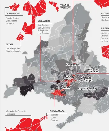  ??  ?? CARABANCHE­L
GETAFE
VILLAVERDE
VILLA DE VALLECAS
FUENLABRAD­A
PARLA
ALCOBE
CIUDAD