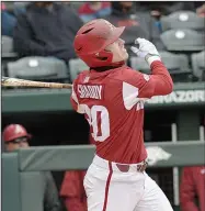  ?? NWA Democrat-Gazette/ANDY SHUPE ?? Arkansas second baseman Carson Shaddy homered in each of the Razorbacks’ games Saturday against South Carolina at Baum Stadium, but those were the only extra-base hits for Arkansas.