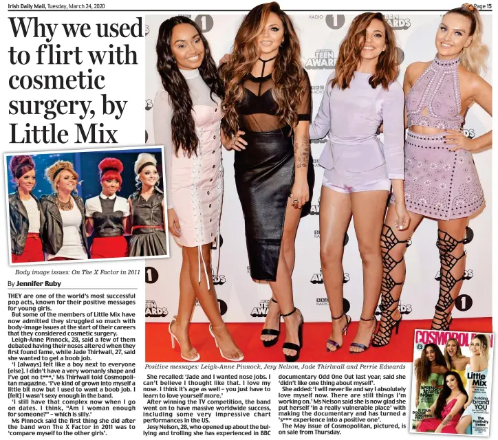  ??  ?? Body image issues: On The X Factor in 2011
Positive messages: Leigh-Anne Pinnock, Jesy Nelson, Jade Thirlwall and Perrie Edwards