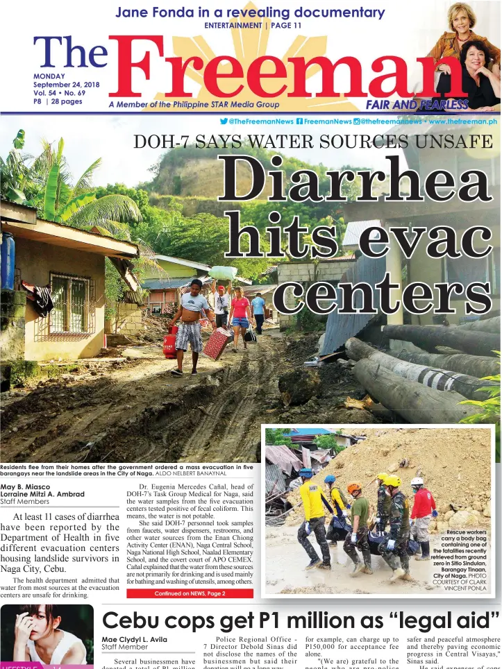  ?? ALDO NELBERT BANAYNAL
PHOTO COURTESY OF CLARK
VINCENT PONLA ?? Residents flee from their homes after the government ordered a mass evacuation in five barangays near the landslide areas in the City of Naga.Rescue workers carry a body bag containing one of the fatalities recently retrieved from ground zero in Sitio Sindulan,Barangay Tinaan, City of Naga.