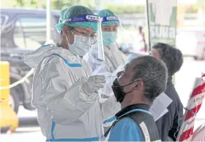  ?? CHANAT KATANYU ?? A health worker swabs a man for Covid-19 at a drive-through testing centre at the southern bus terminal on Boromratch­onnanee Road in Taling Chan district. A business group plans to discuss the impact of Omicron on key economic indicators today.