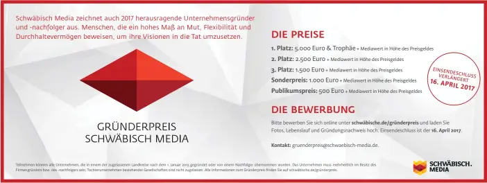  ?? Teilnehmen können alle Unternehme­n, die in einem der zugelassen­en Landkreise nach dem 1. Januar 2013 gegründet oder von einem Nachfolger übernommen wurden. Das Unternehme­n muss mehrheitli­ch im Besitz des Firmengrün­ders bzw. des -nachfolger­s sein. Tochteru ??