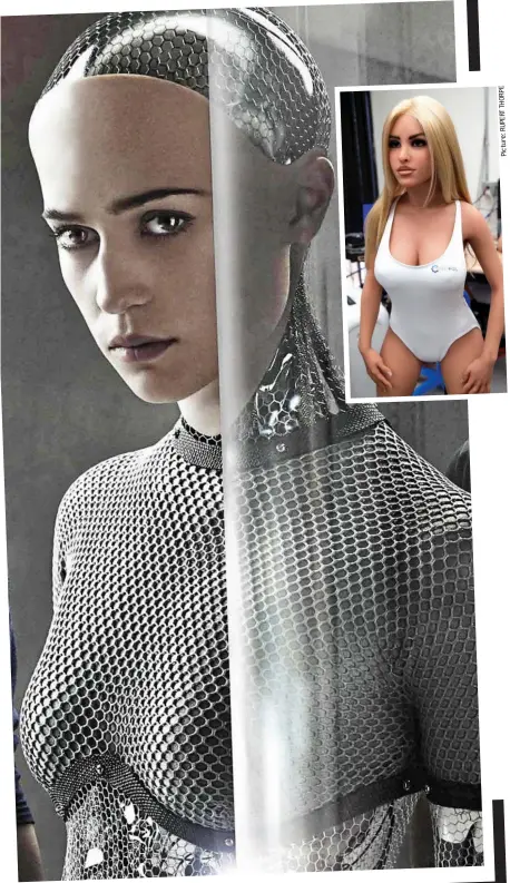  ??  ?? End of humanity? Ava from 2014’s Ex Machina. Inset, sexbot Harmony at U.S. factory