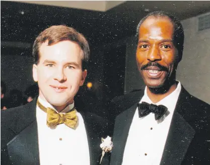  ?? PROVIDED ?? Chicago Sun-Times city editor Dick Mitchell (right) with Neil Steinberg at Steinberg’s 1990 wedding at the Hotel Interconti­nental in Chicago. At the time, Steinberg, now a columnist, was a general assignment reporter.