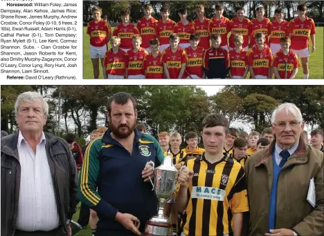  ??  ?? Derek Watchorn presenting the Wayne Watchorn Memorial Cup to Ryan Kielty in the presence of Des Croke (Coiste na nOg) and Brendan Furlong of People Newspapers (sponsors).