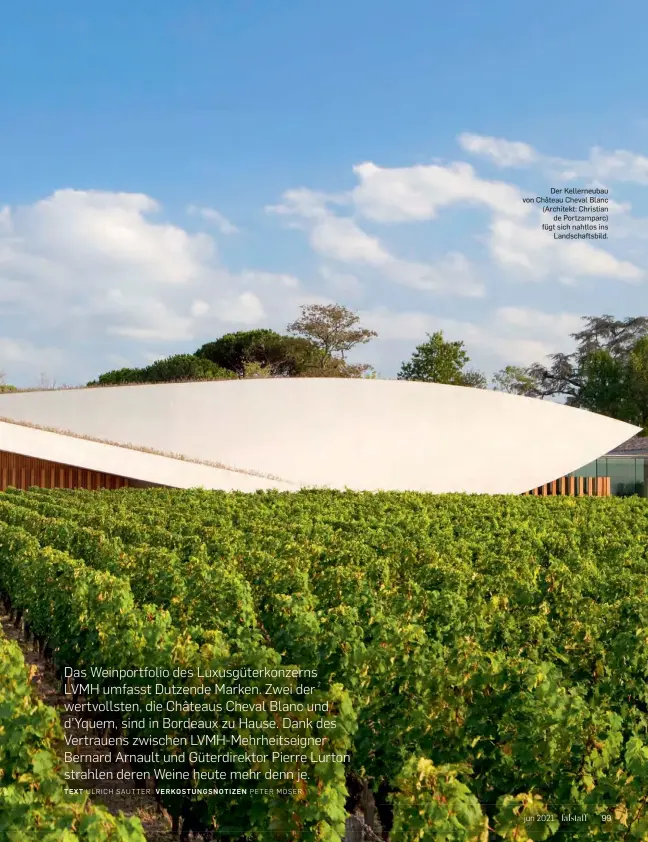  ??  ?? Der Kellerneub­au von Château Cheval Blanc (Architekt: Christian de Portzampar­c) fügt sich nahtlos ins Landschaft­sbild.