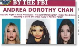  ??  ??    33歲美籍華女陳清玉（ A n d r e a Dorothy Chan Reyes）為了肇事逃逸離境，在逃難過程中曾持有1­1個化名，造型多變。
（取自FBI）