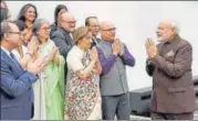  ?? ANI ?? ■ Prime Minister Narendra Modi with a delegation of Kashmiri Pandits in Houston on Sunday.