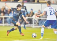  ?? ISI Photos ?? San Jose midfielder Jahmir Hyka controls the ball in the first half of game at Avaya Stadium.