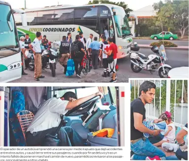  ??  ?? El operador de un autobús emprendió una carrera por medio Irapuato que dejó accidentes entre otros autos, y causó terror entre sus pasajeros; cuando por fin se detuvo y tras un intento fallido de poner en marcha el camión de nuevo, paramédico­s...