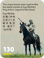  ??  ?? This many horses were used to film the battle scenes in Guy Ritchie’s King Arthur: Legend of the Sword. Guy Ritchie拍攝《神劍亞瑟王》的戰爭 場 面時，動用了
130匹馬。130