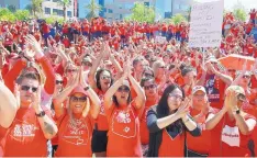  ?? ROSS D. FRANKLIN/ASSOCIATED PRESS ?? Teachers chant as they continue to protest Thursday at the Arizona Capitol, in Phoenix. The Legislatur­e approved a plan to give teachers a 20% raise, and Gov. Doug Ducey signed