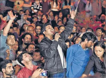  ?? SANJEEV VERMA/HT FILE ?? Kanhaiya Kumar addresses students at JNU after his release on March 3, 2016. Police officers said the footage recorded by eyewitness­es on cellphones showed Kanhaiya ‘raising hands’ as ‘anti-india’ slogans were raised at a separate event earlier in February.