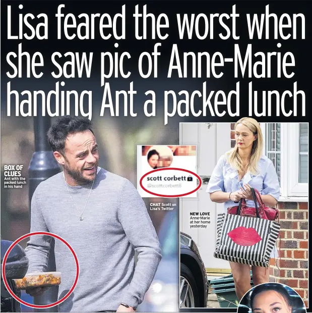  ??  ?? BOX OF CLUES Ant with the packed lunch in his hand CHAT Scott on Lisa’s Twitter NEW LOVE Anne-Marie at her home yesterday