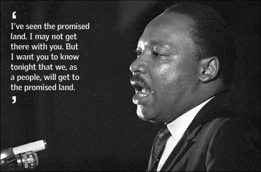  ?? Charles Kelly The Associated Press ?? Martin Luther King Jr. delivers his moving, tragically prophetic “Mountainto­p” speech April 3, 1968, at Mason Temple.