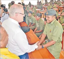  ?? Picture: BALJEET SINGH ?? Australian Prime Minister Scott Morrison meets Adi Motea Sauvana during his visit to the Black Rock camp in Nadi.