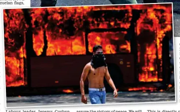  ??  ?? Call to arms: Soldiers backing Juan Guaido fire into the air to repel forces loyal to President Maduro as a masked protester, left, walks past a burning bus in Caracas