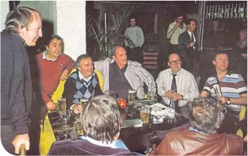  ??  ?? Ron Scott in the middle of the sort of company he kept, before the 1983 ECWC Final. To his left is Aberdeen manager Alex Ferguson, and on his right, Ian St John, together with journalist pals Ian Broadley and Ken Gallacher