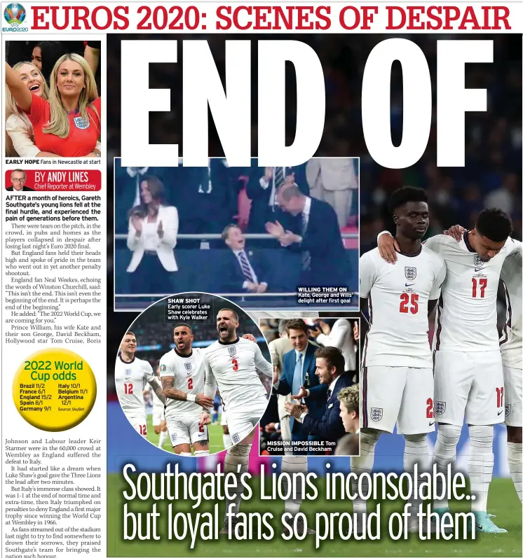  ??  ?? EARLY HOPE Fans in Newcastle at start
SHAW SHOT Early scorer Luke Shaw celebrates with Kyle Walker
WILLING THEM ON Kate, George and Wills’ delight after first goal
MISSION IMPOSSIBLE Tom Cruise and David Beckham