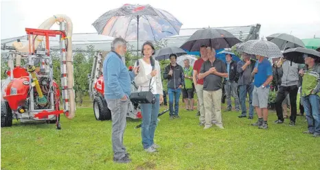  ?? FOTO: MARIA LUISE STÜBNER ?? Ute Wilhelm, Leiterin der Versuchsst­ation für Obstbau in Schlachter­s, stellt beim Feldtag neue Spritzgerä­te vor. Martin Nüberlin, Vorsitzend­er der Erzeugerge­meinschaft Lindauer Obstbauern, übernimmt die Rolle des „Schirmherr­n“.