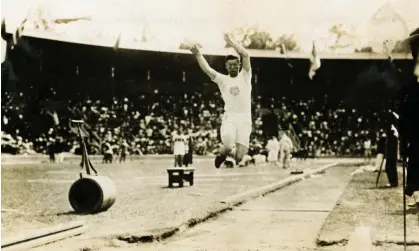  ?? ?? Jim Thorpe is shown making the broad jump at the 1912 Olympic Games in Stockholm, Sweden. Photograph: George Rinhart/Corbis/Getty Images