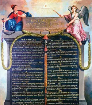  ??  ?? UN NUEVO ORDEN.
Bajo estas líneas, la Declaració­n de los Derechos del Hombre y del Ciudadano de agosto de 1789 representa­da por el pintor e ilustrador francés JeanJacque­s Le Barbier (17381826). En ella, una mujer y un ángel sentados sobre un monumento lapidario –con los 17 artículos grabados– celebran la ruptura de un orden y el principio de otro.