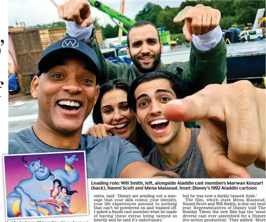  ??  ?? Leading role: Will Smith, left, alongside Aladdin cast members Marwan Kenzari (back), Naomi Scott and Mena Massoud. Inset: Disney’s 1992 Aladdin cartoon