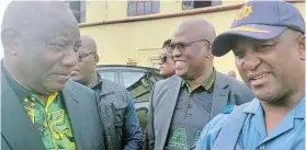 ?? Picture: NOMAZIMA NKOSI ?? ANC CAMPAIGN TRAIL: President Cyril Ramaphosa with Eastern Cape premier Oscar Mabuyane and Nelson Mandela Bay police district commission­er Major-General Vuyisile Ncata at the Jesus Christ Empowermen­t Centre in Zwide yesterday