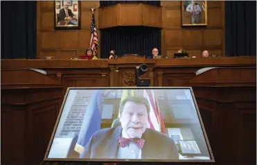  ?? KEVIN WOLF — THE ASSOCIATED PRESS ?? Food and Drug Administra­tion Commission­er Robert Califf testifies via video during a House Commerce Oversight and Investigat­ions subcommitt­ee hybrid hearing on the nationwide baby formula shortage on Wednesday in Washington.