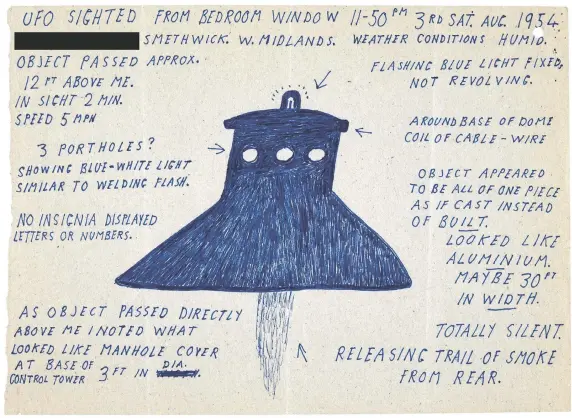  ??  ?? Right, drawing of a UFO sighted in Smethwick, West Midlands, August 1954, The National Archives DEFE 24-1967; below, Ministry of Defence branch folder from April 1969 What is remarkable about the drawings is that there is no real consistenc­y to what the UFOs look like, except for a few basic shapes.